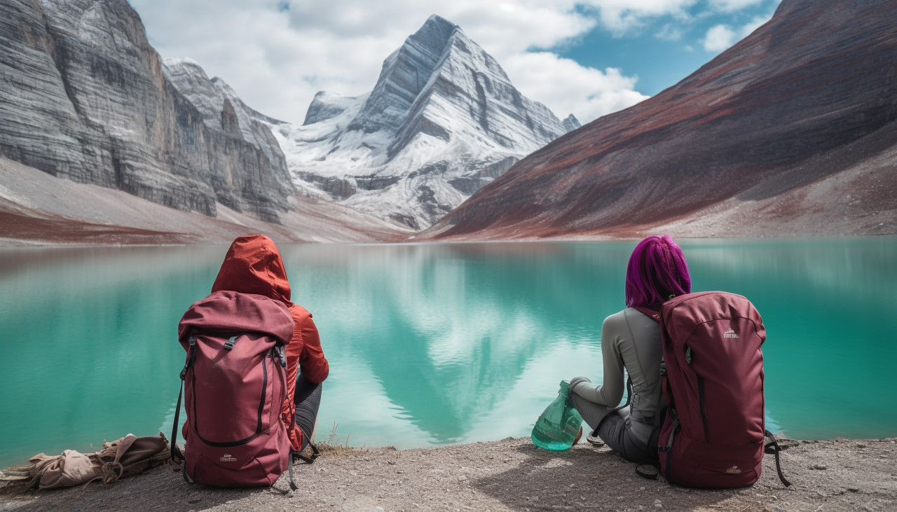 Backpackers relaxing by a mountain lake, adventure travel stock images, adventure travel ai prompts, travel stock images ai