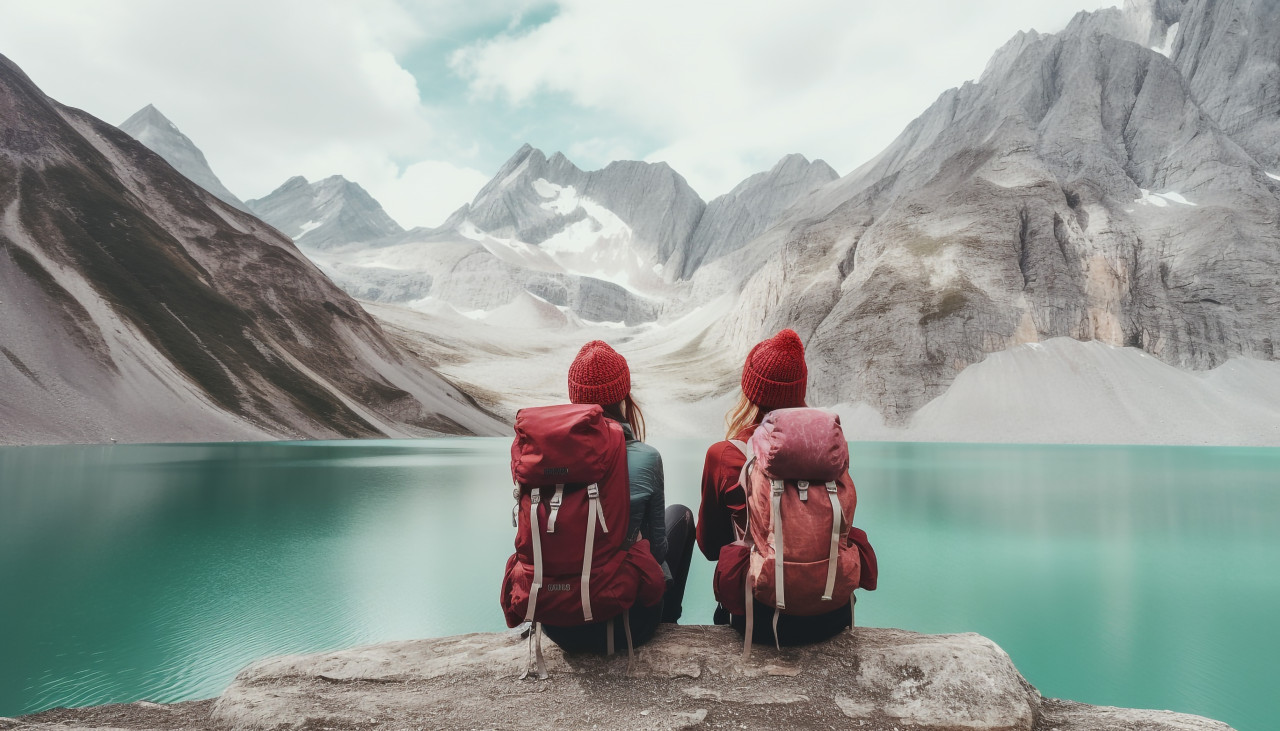 Backpackers taking in the stunning mountain views, adventure travel stock images, adventure travel ai prompts, travel stock images ai