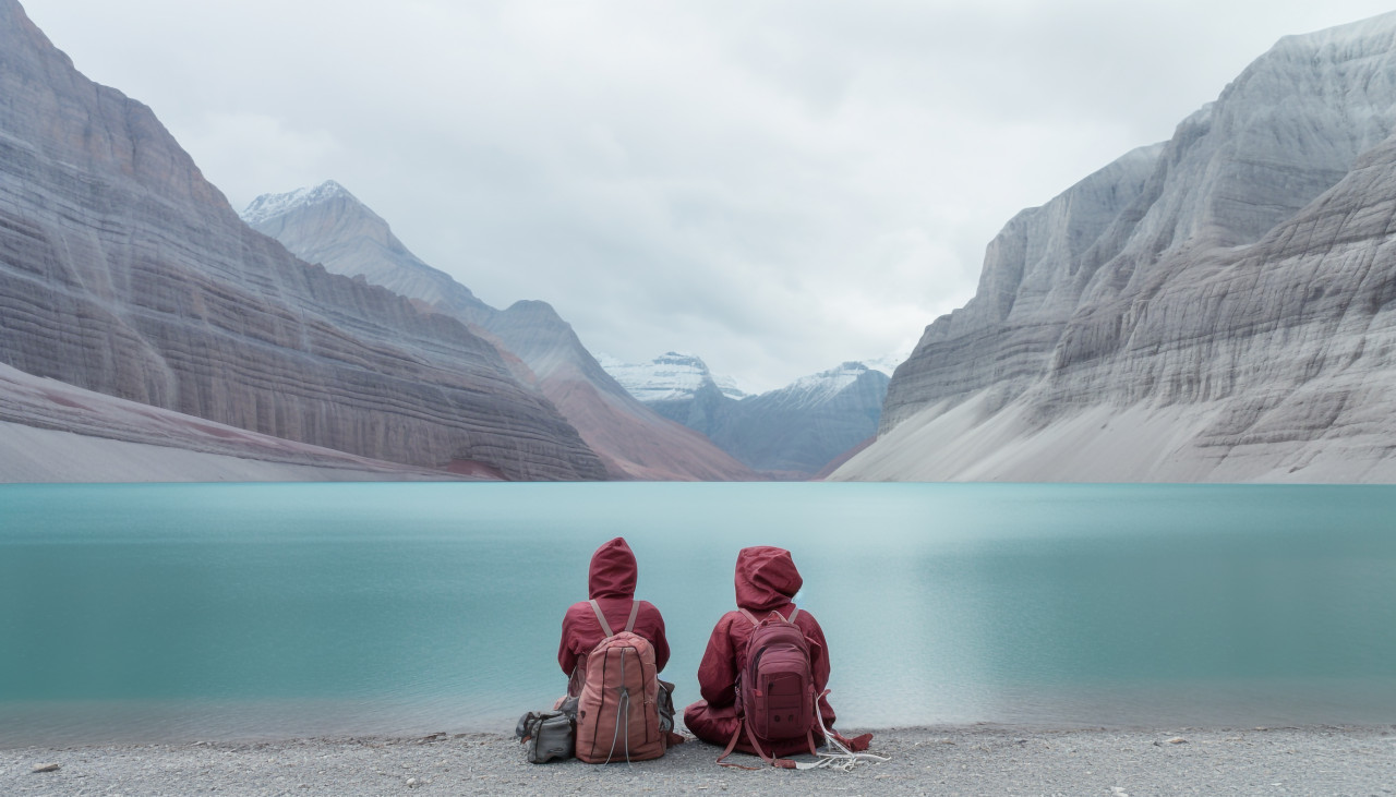 Two friends bonding over a beautiful lake, adventure travel stock images, adventure travel ai prompts, travel stock images ai