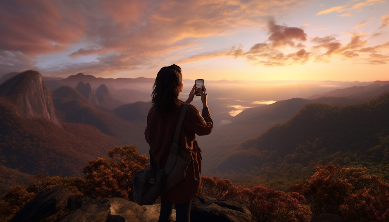 Woman selfie mountain top iphone, adventure travel stock images, adventure travel ai prompts, travel stock images ai