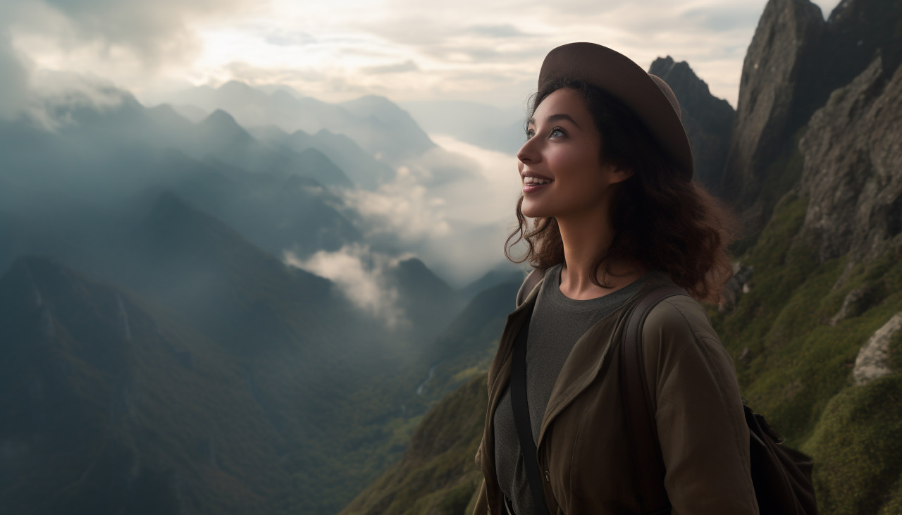 Selfie girl mountain top iphone, adventure travel stock images, adventure travel ai prompts, travel stock images ai