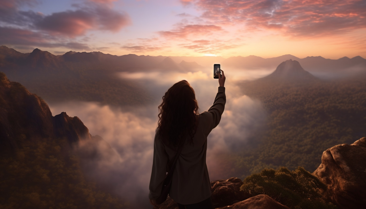 Hiking woman mountain top selfie iphone, adventure travel stock images, adventure travel ai prompts, travel stock images ai