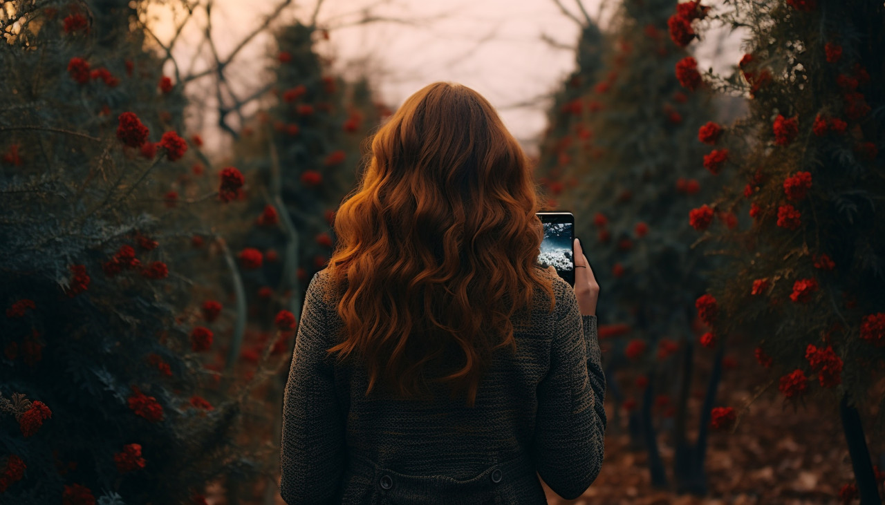 Woman in forest taking photo of trees, adventure travel stock images, adventure travel ai prompts, travel stock images ai