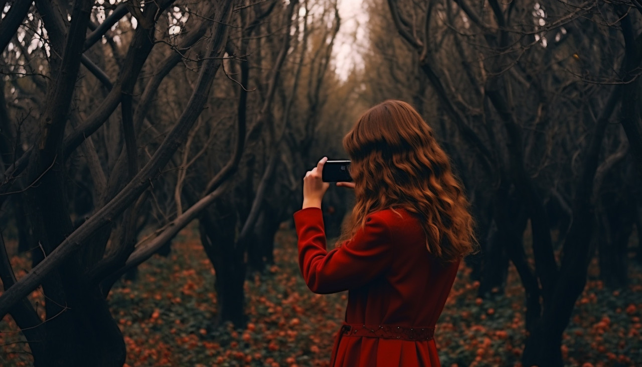 Female photographer in treetops, adventure travel stock images, adventure travel ai prompts, travel stock images ai