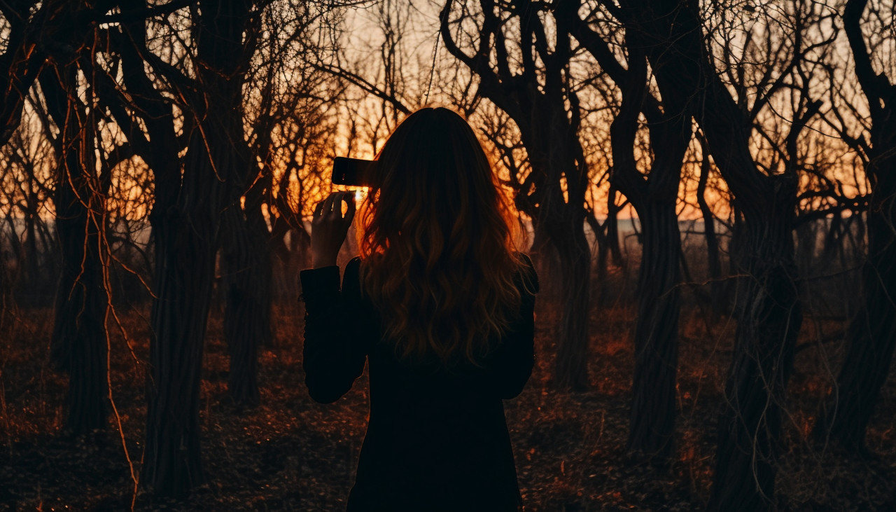 Girl taking pictures of trees, adventure travel stock images, adventure travel ai prompts, travel stock images ai