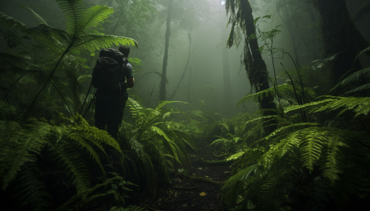 Hiker in the jungle mousepad, adventure travel stock images, adventure travel ai prompts, travel stock images ai