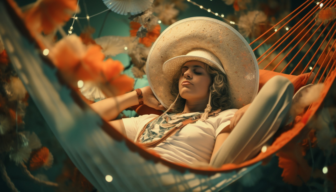 Woman in hammock with hat, adventure travel stock images, adventure travel ai prompts, travel stock images ai