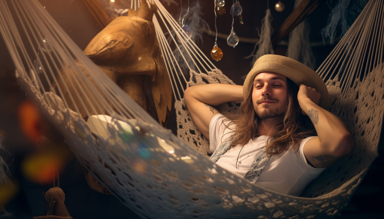 Man relaxing in hammock, adventure travel stock images, adventure travel ai prompts, travel stock images ai