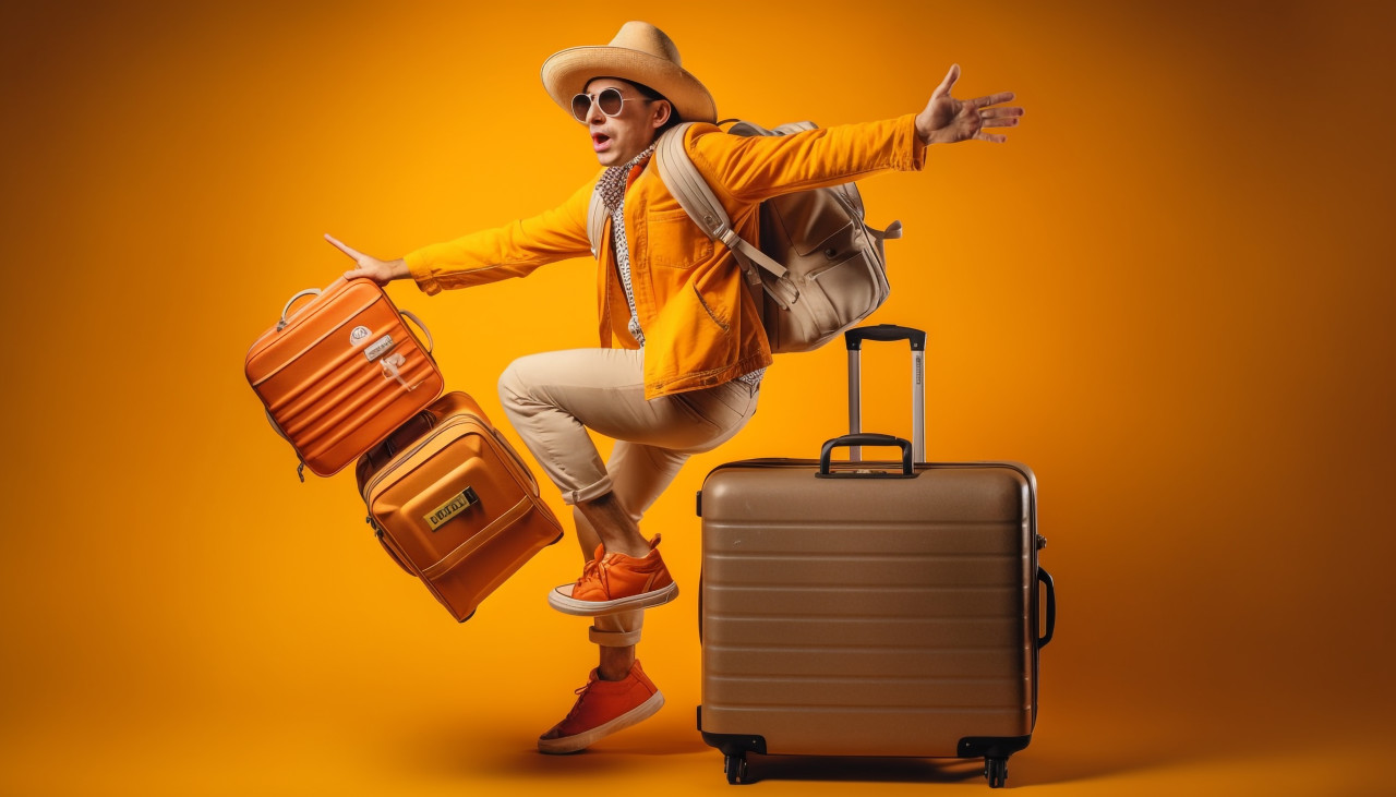Traveler in backpack jumps with luggage, adventure travel stock images, adventure travel ai prompts, travel stock images ai