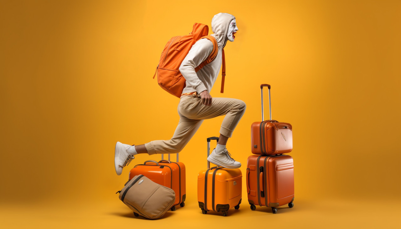 Happy tourist jumps with suitcases, adventure travel stock images, adventure travel ai prompts, travel stock images ai