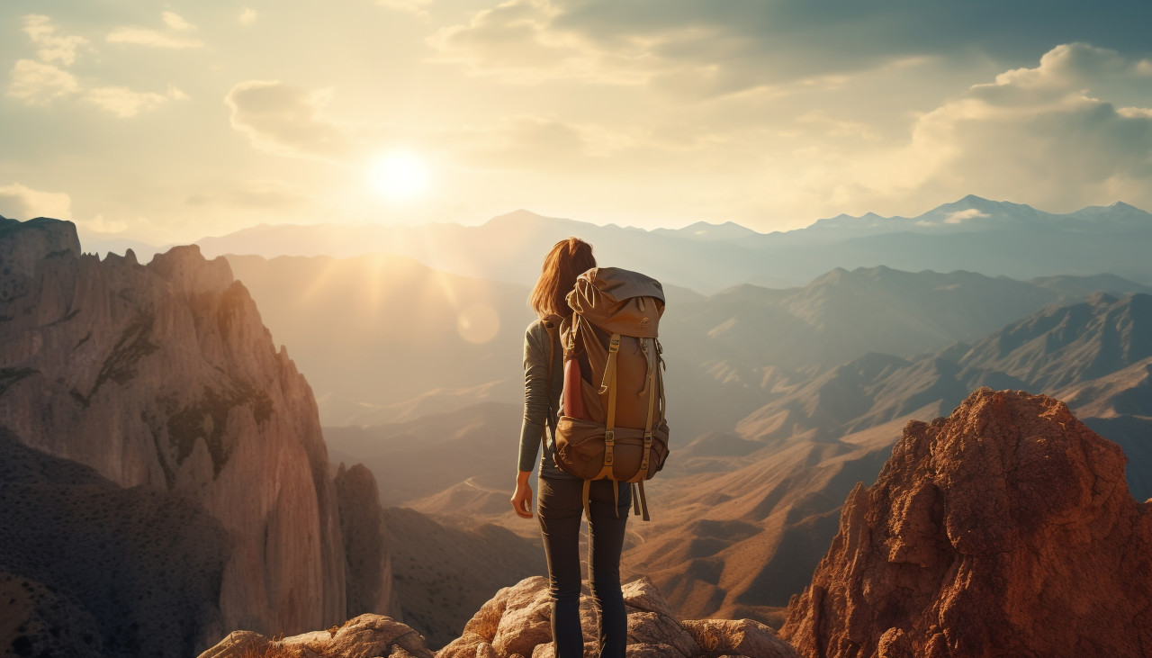 Mountaineer taking in the view at sunset, adventure travel stock images, adventure travel ai prompts, travel stock images ai