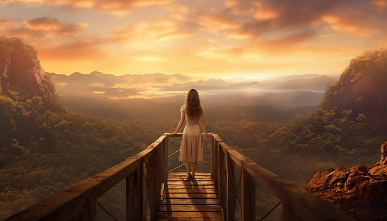 Woman on mountaintop overlooking landscape, adventure travel stock images, adventure travel ai prompts, travel stock images ai