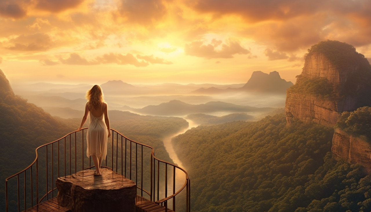 Mountaintop view through woman eyes, adventure travel stock images, adventure travel ai prompts, travel stock images ai