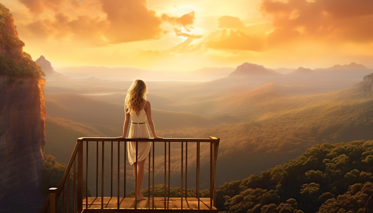 Woman takes in breathtaking mountain view, adventure travel stock images, adventure travel ai prompts, travel stock images ai