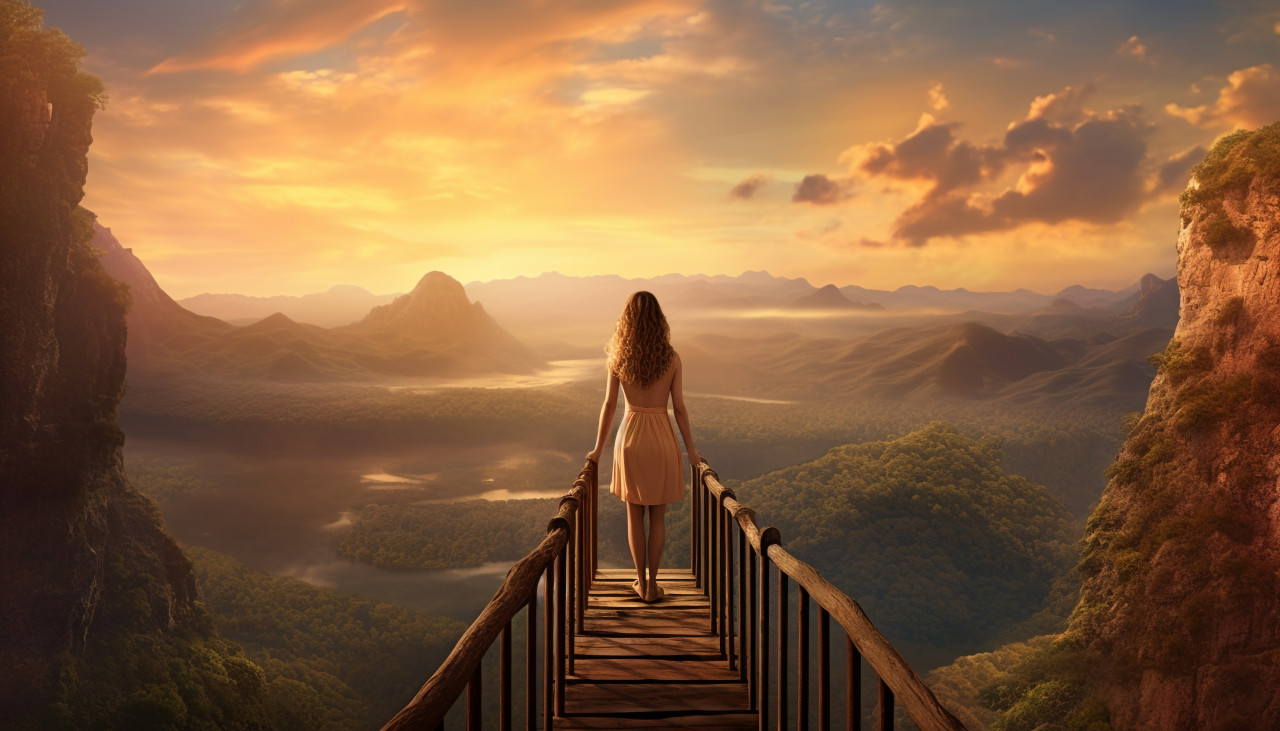 Woman enjoys panoramic mountain vista, adventure travel stock images, adventure travel ai prompts, travel stock images ai