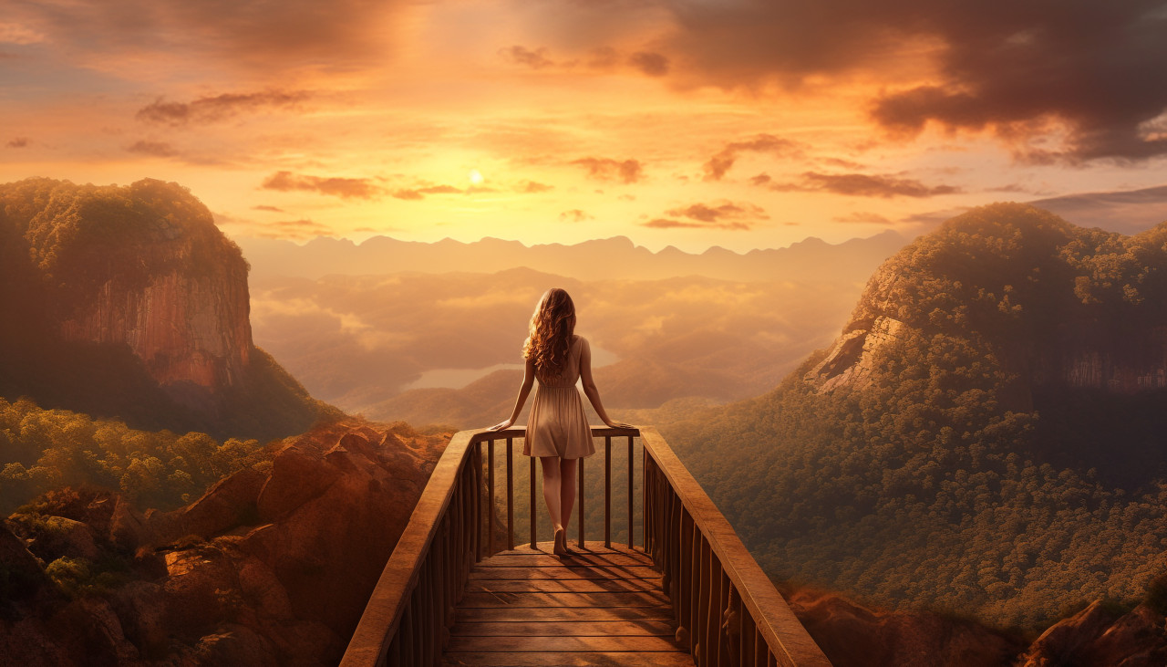 Woman on mountaintop looking out at world below, adventure travel stock images, adventure travel ai prompts, travel stock images ai