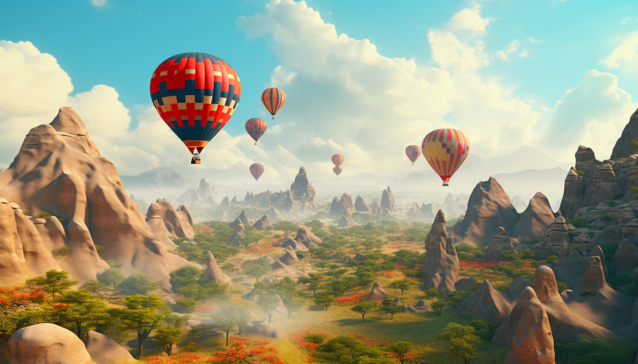 Hot air balloons soaring over the mountains, adventure travel stock images, adventure travel ai prompts, travel stock images ai