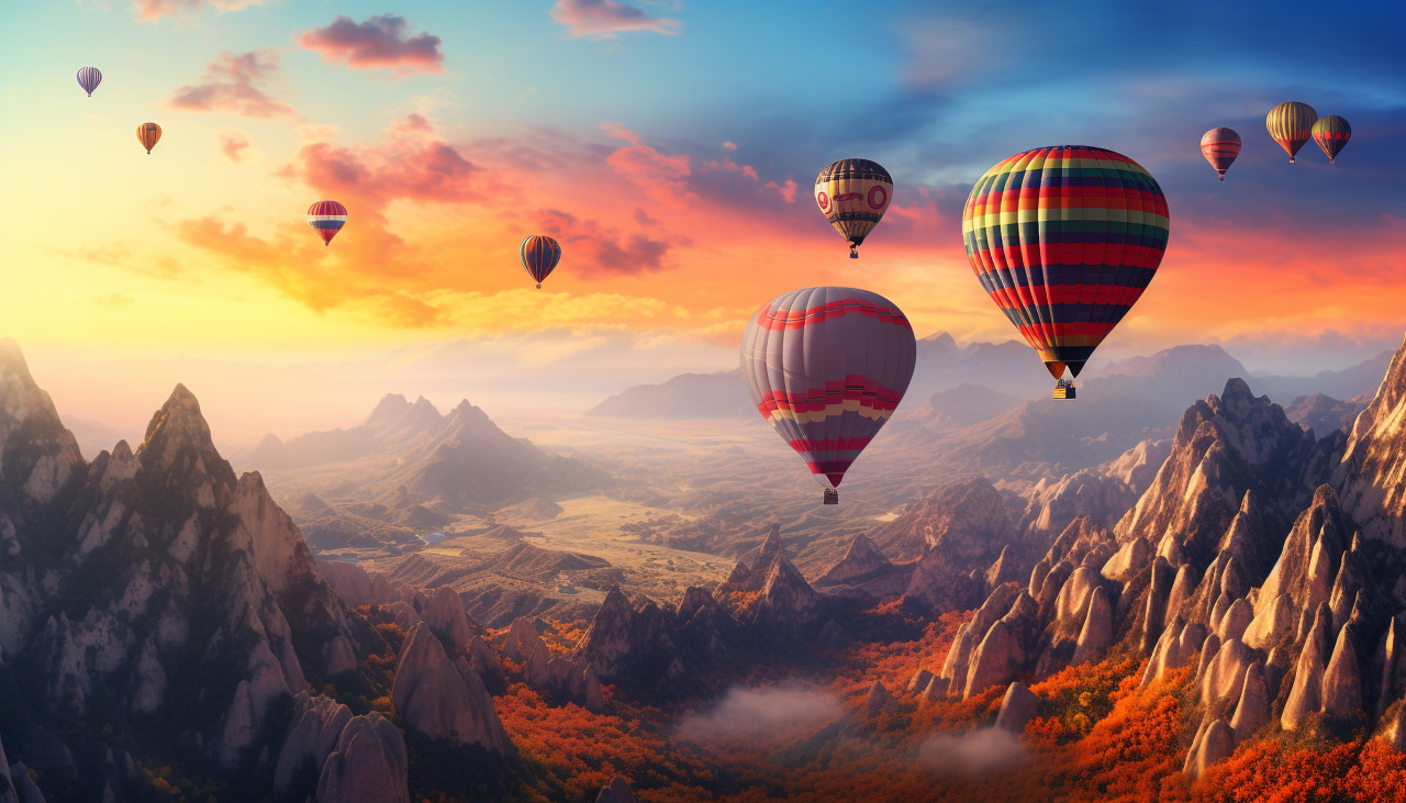 Colorful hot air balloons in the mountain range, adventure travel stock images, adventure travel ai prompts, travel stock images ai