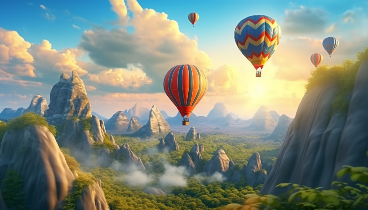 Scenic hot air balloon ride over the mountains, adventure travel stock images, adventure travel ai prompts, travel stock images ai