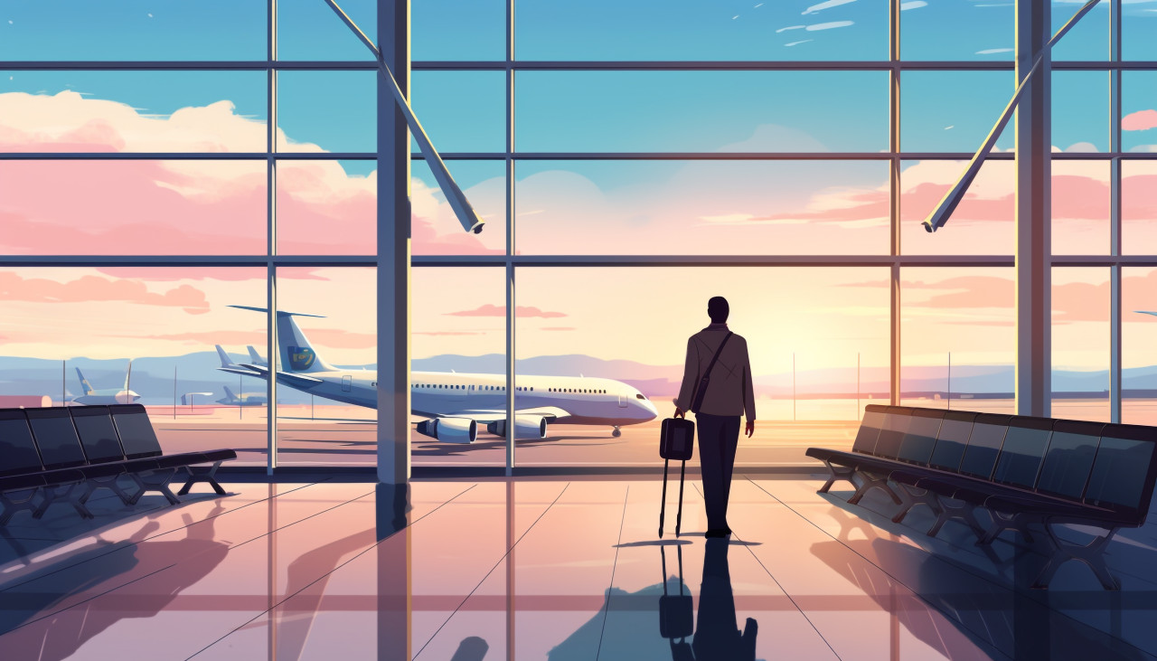 Man with suitcase at airport looking at airplane, adventure travel stock images, adventure travel ai prompts, travel stock images ai
