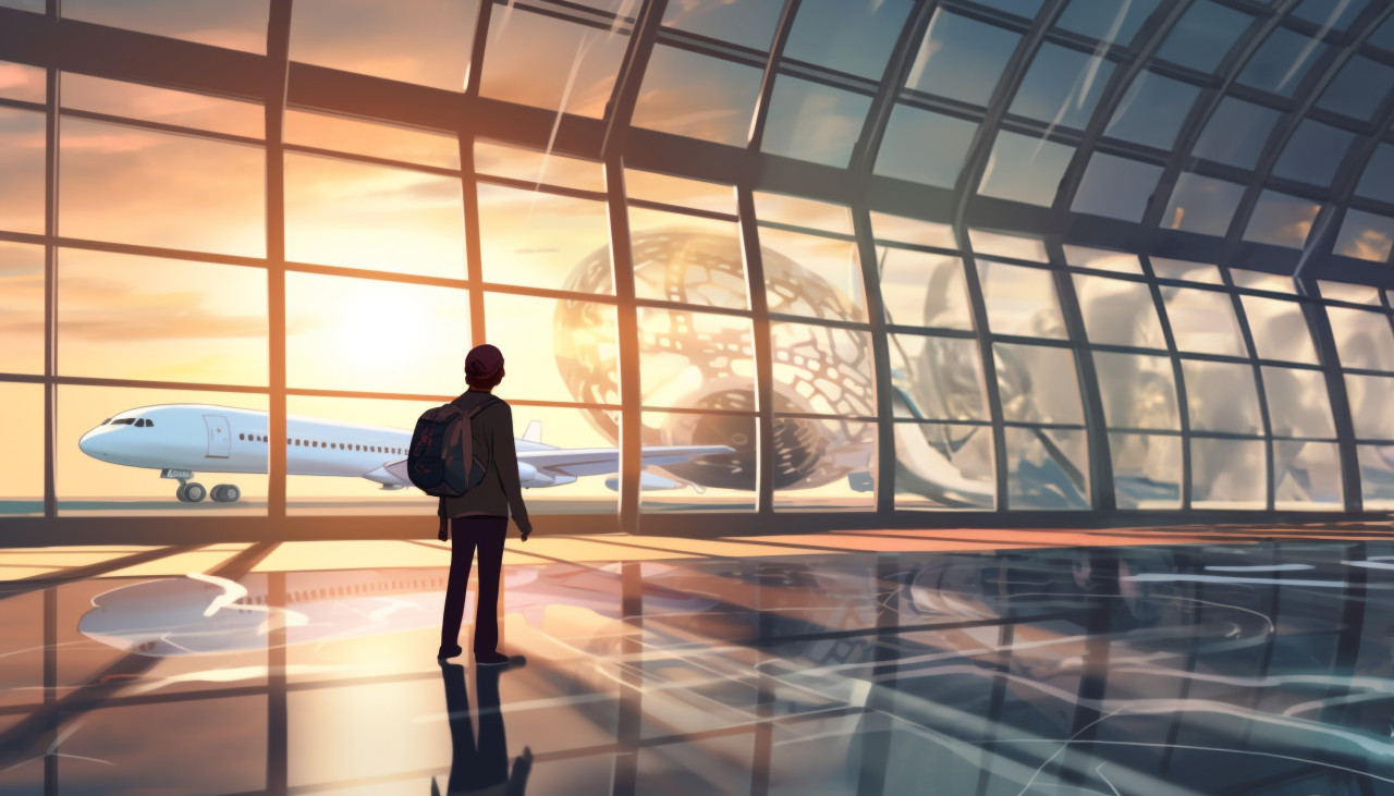 Man checking in for flight with suitcase, adventure travel stock images, adventure travel ai prompts, travel stock images ai