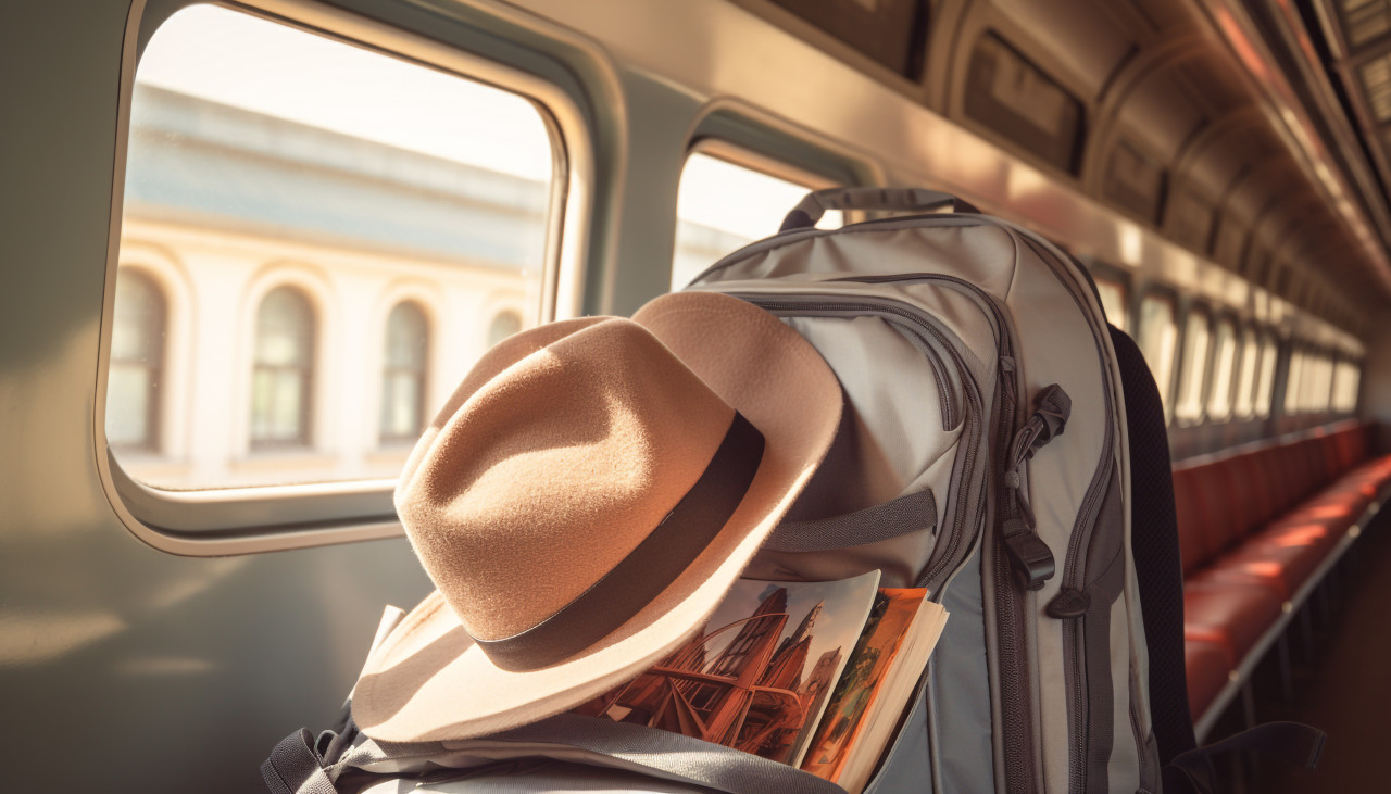 Backpacker on the train, adventure travel stock images, adventure travel ai prompts, travel stock images ai