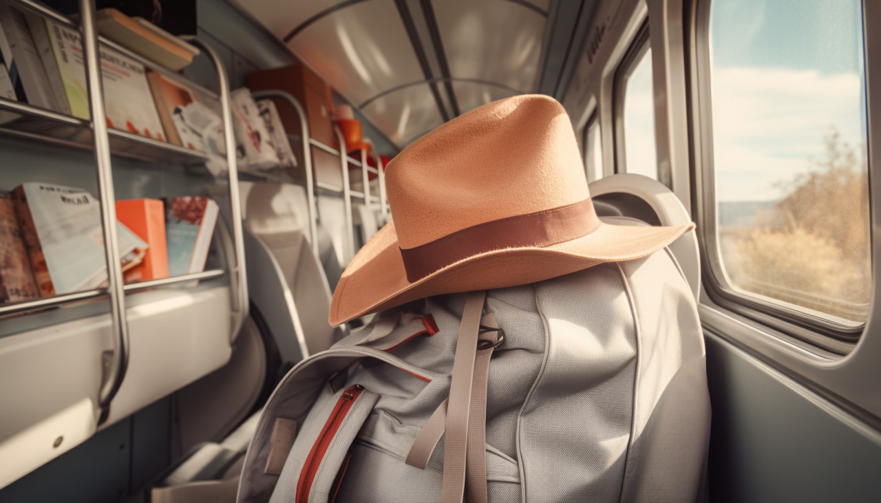 Traveler with hat on train, adventure travel stock images, adventure travel ai prompts, travel stock images ai