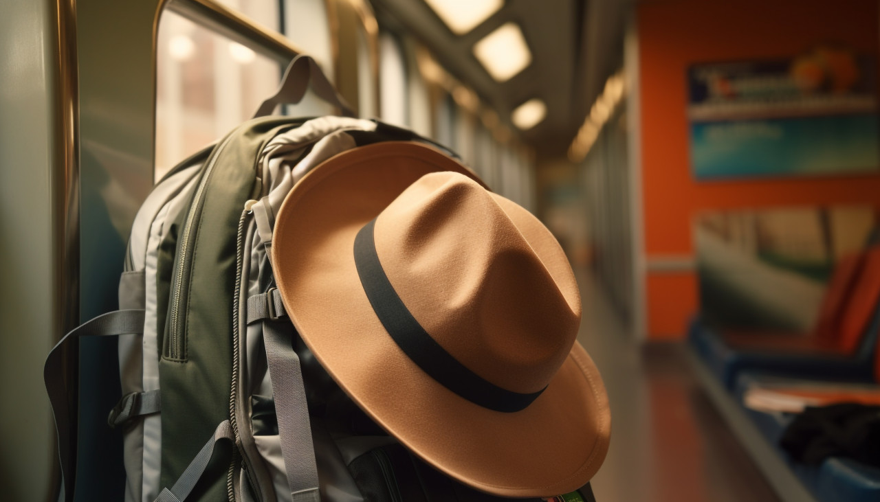 Backpack and hat on train, adventure travel stock images, adventure travel ai prompts, travel stock images ai