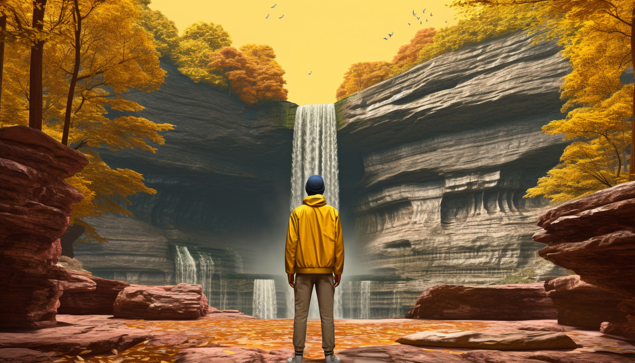 Yellow jacketed hiker gazing at waterfall, adventure travel stock images, adventure travel ai prompts, travel stock images ai