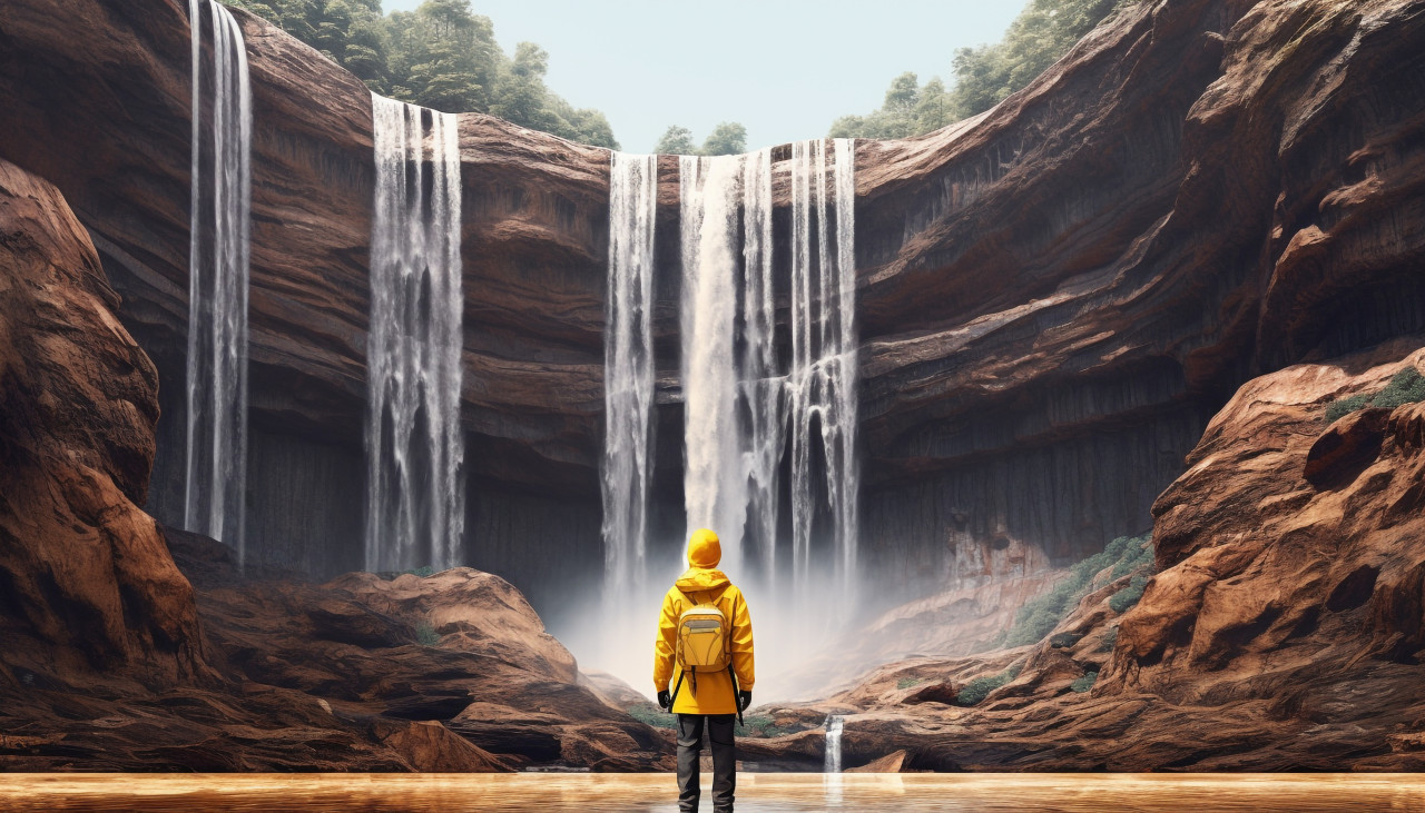Hiker in yellow jacket taking in waterfall scenery, adventure travel stock images, adventure travel ai prompts, travel stock images ai