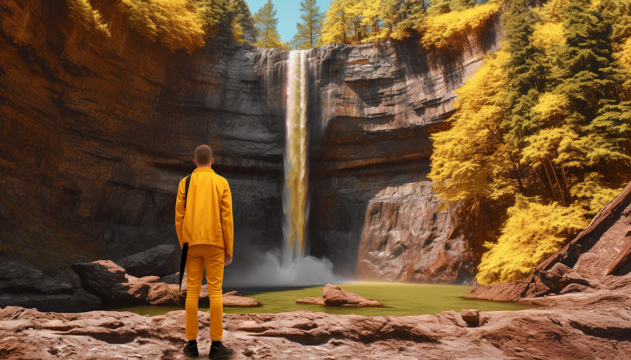 Adventurer in safety gear standing by waterfall, adventure travel stock images, adventure travel ai prompts, travel stock images ai