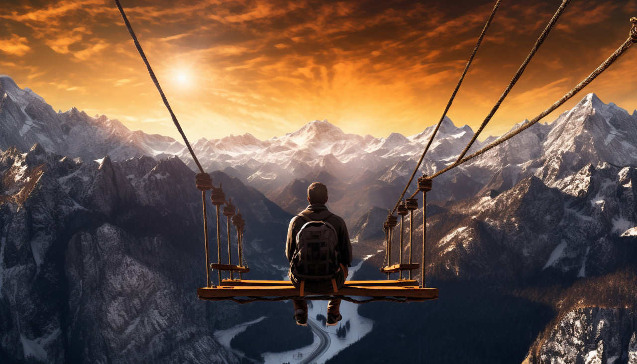 Man ponders the mountains from suspension bridge, adventure travel stock images, adventure travel ai prompts, travel stock images ai