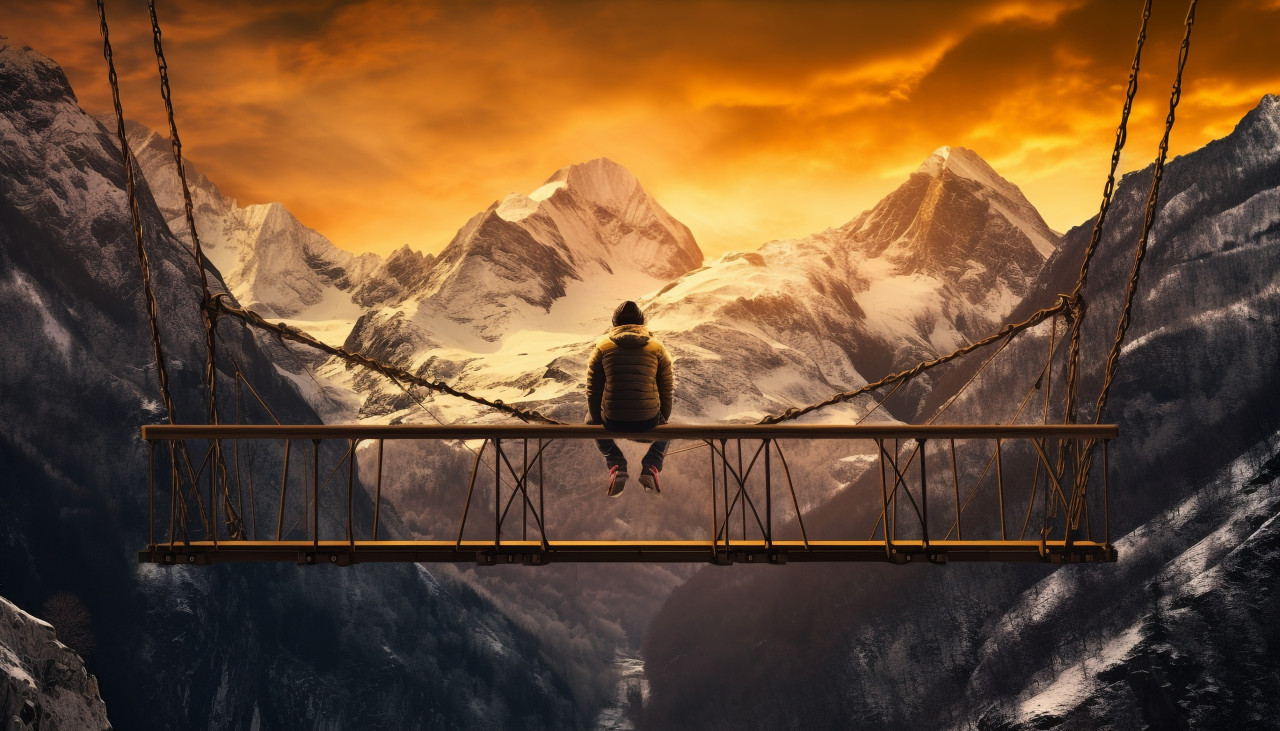 Man relaxes on suspension bridge with mountain view, adventure travel stock images, adventure travel ai prompts, travel stock images ai