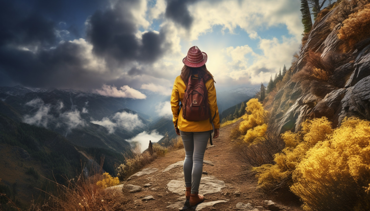 Woman hiker taking photo on mountain trail, adventure travel stock images, adventure travel ai prompts, travel stock images ai