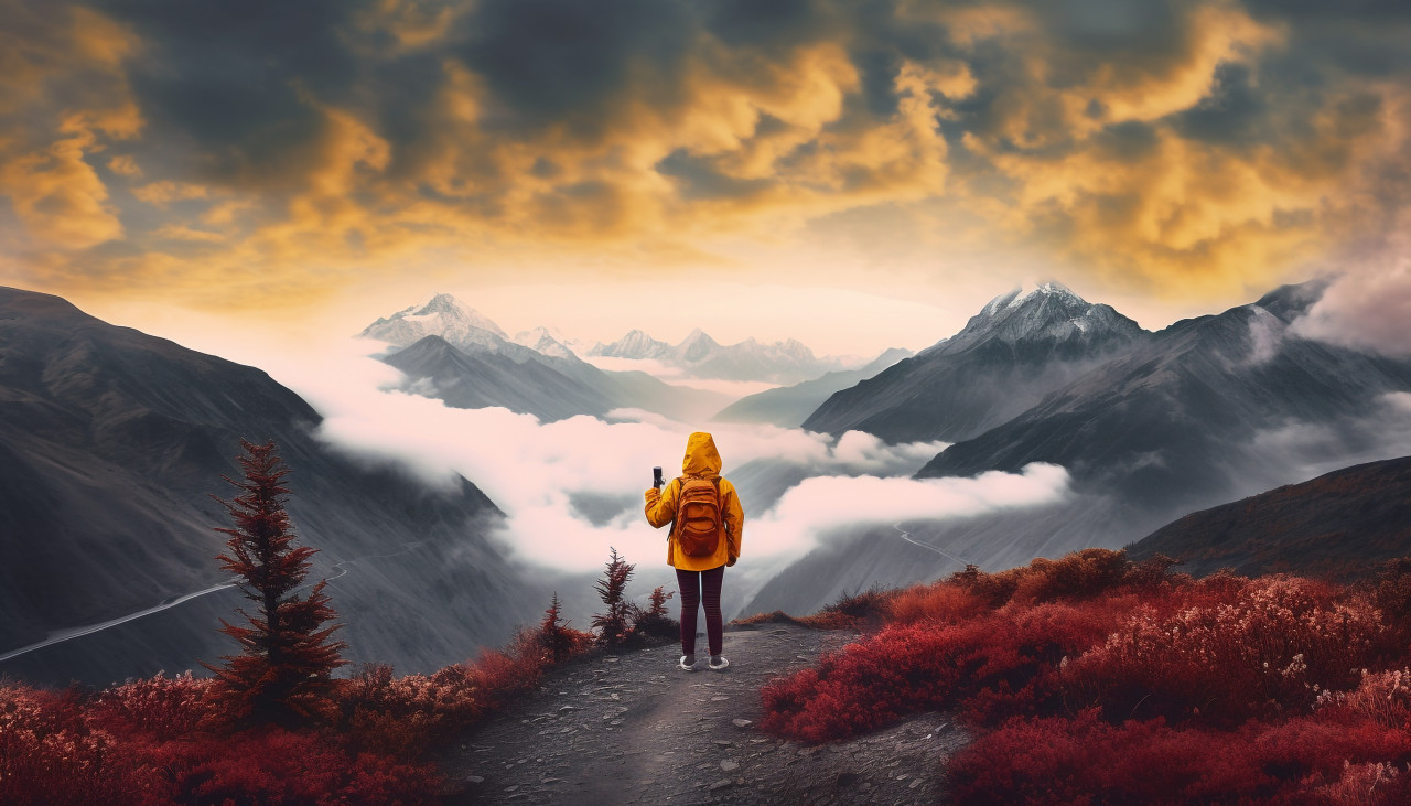 Female photographer on mountaintop, adventure travel stock images, adventure travel ai prompts, travel stock images ai
