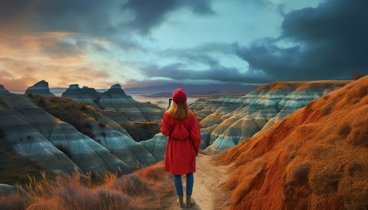 Woman enjoying the view from the mountaintop, adventure travel stock images, adventure travel ai prompts, travel stock images ai