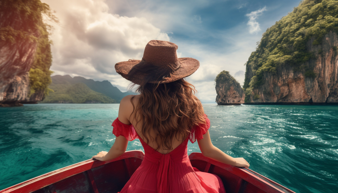 Woman in boat on thai island, adventure travel stock images, adventure travel ai prompts, travel stock images ai
