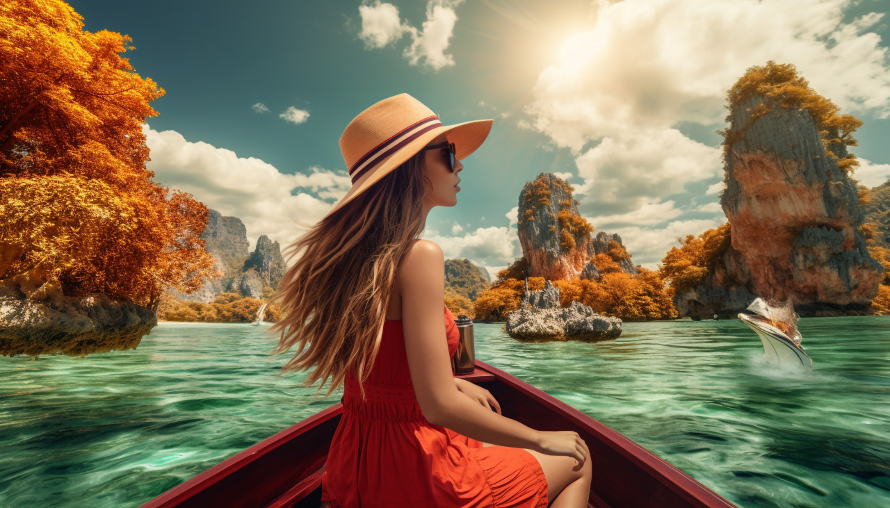 Scenic boat ride in thailand, adventure travel stock images, adventure travel ai prompts, travel stock images ai
