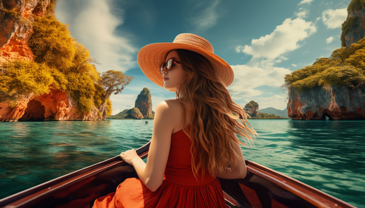 Woman enjoying a boat ride in thailand, adventure travel stock images, adventure travel ai prompts, travel stock images ai