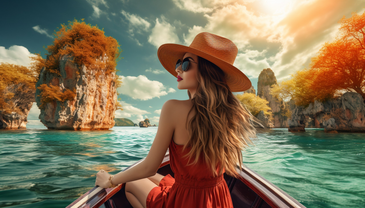 Woman explores thailand by boat, adventure travel stock images, adventure travel ai prompts, travel stock images ai