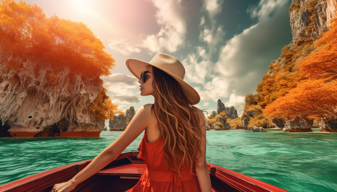 Beautiful woman on a boat in thailand, adventure travel stock images, adventure travel ai prompts, travel stock images ai