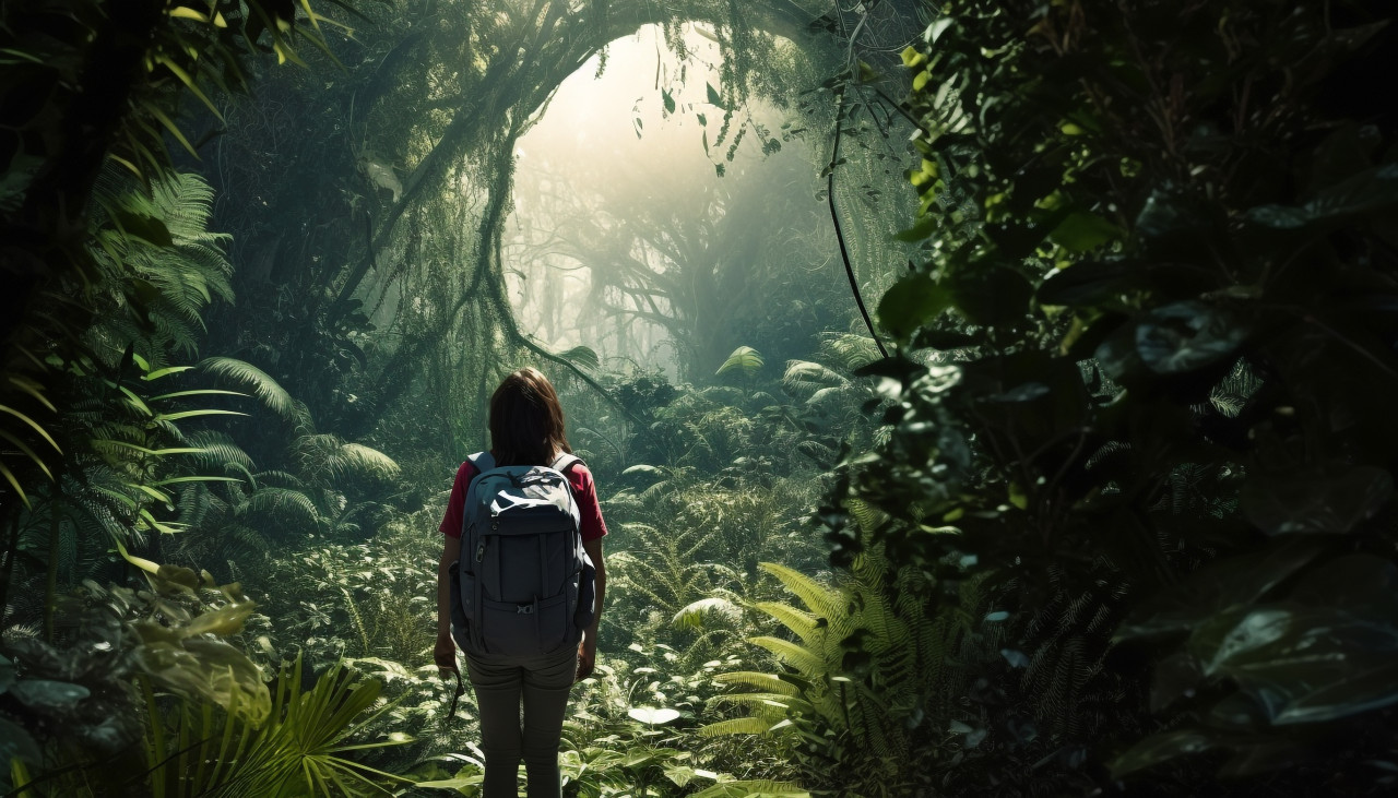 Backpacker exploring the jungle, adventure travel stock images, adventure travel ai prompts, travel stock images ai