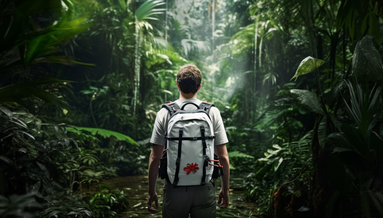 Hiker taking in the sights of the jungle, adventure travel stock images, adventure travel ai prompts, travel stock images ai