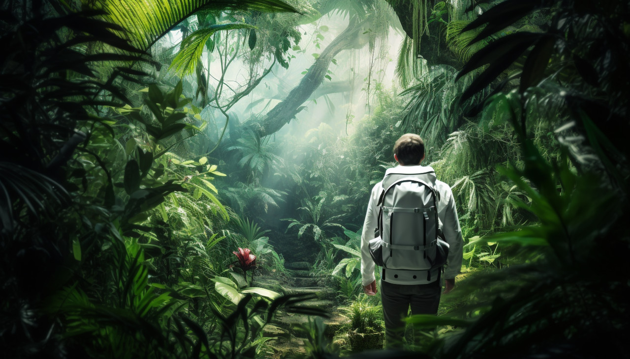 Adventurer embarking on a journey of discovery, adventure travel stock images, adventure travel ai prompts, travel stock images ai