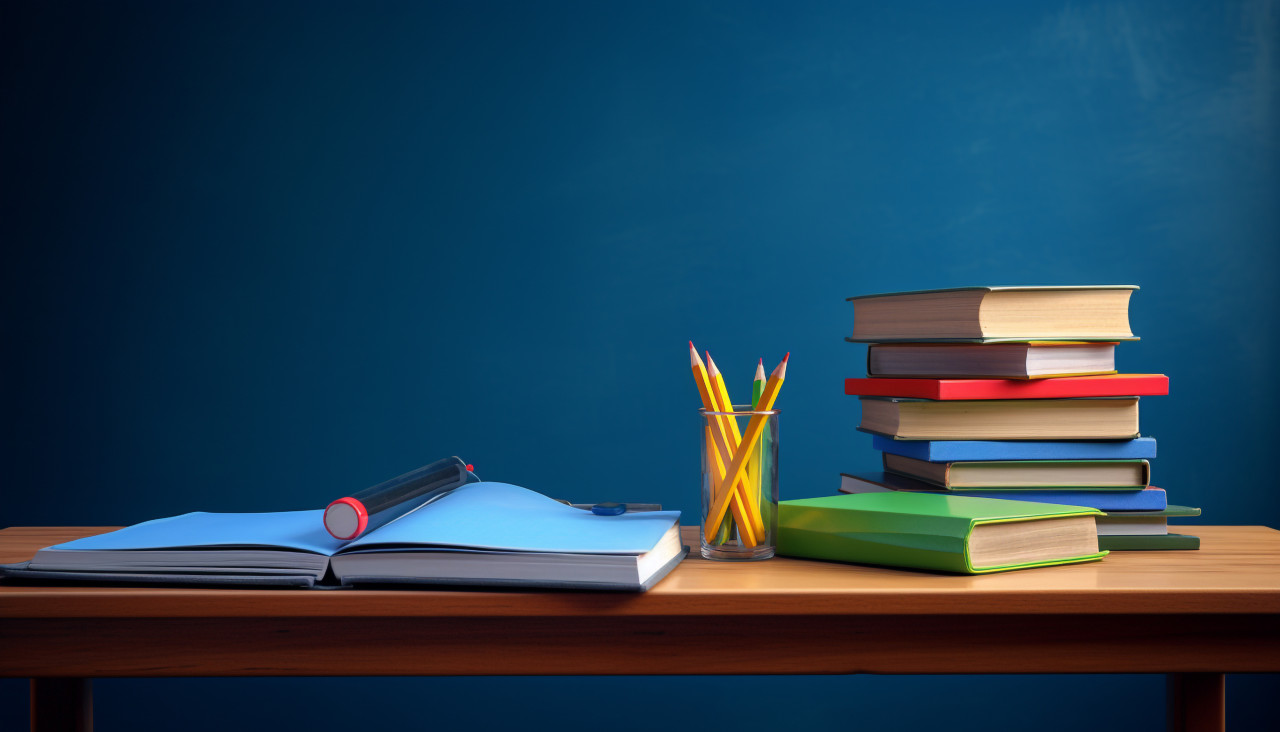 School desk with books on blue background, back to school stock images ai, back to school stock illustrations ai, back to school ai prompts