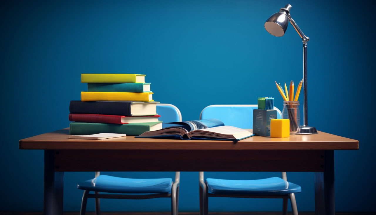 Blue desk with books and school supplies, back to school stock images ai, back to school stock illustrations ai, back to school ai prompts