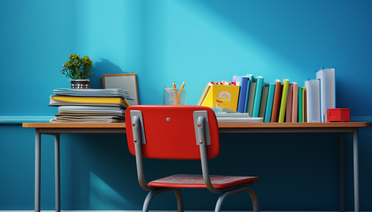 School supplies and textbooks on a blue desk, back to school stock images ai, back to school stock illustrations ai, back to school ai prompts