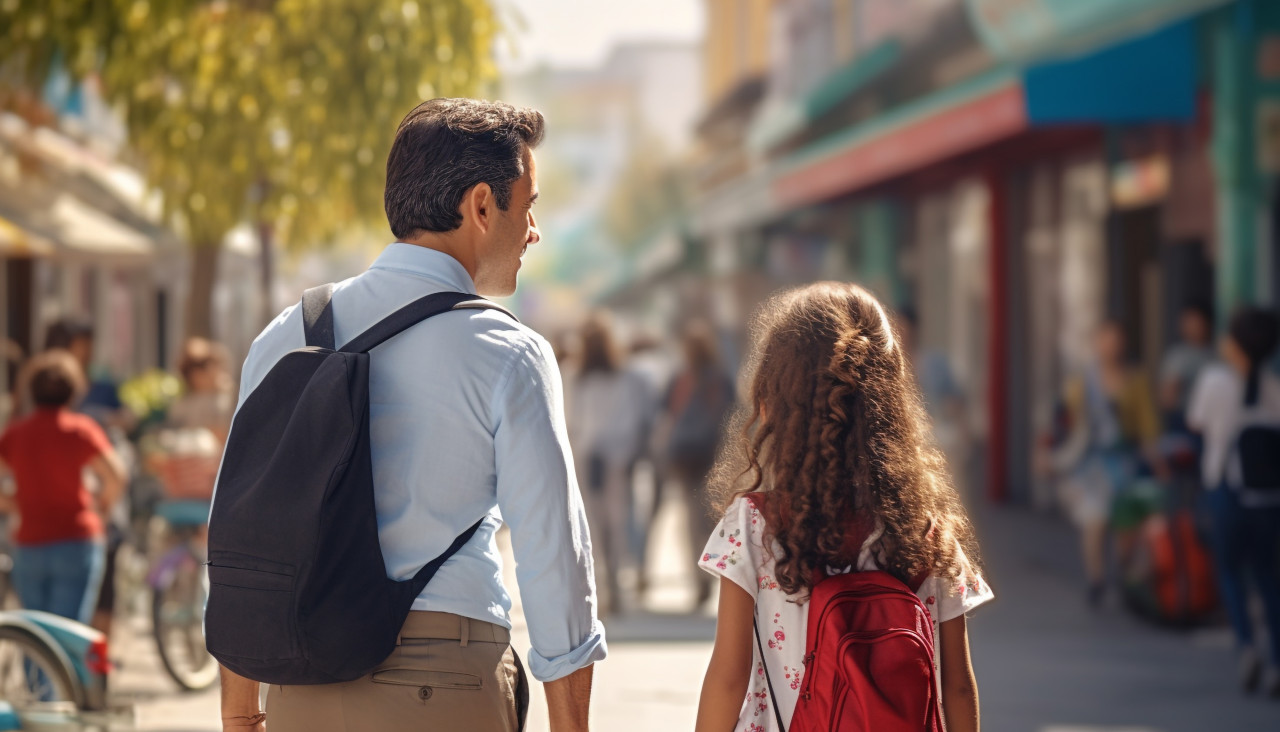 First day at school father leads a little child school girl in first grade back view, back to school stock images ai, back to school stock illustrations ai, back to school ai prompts