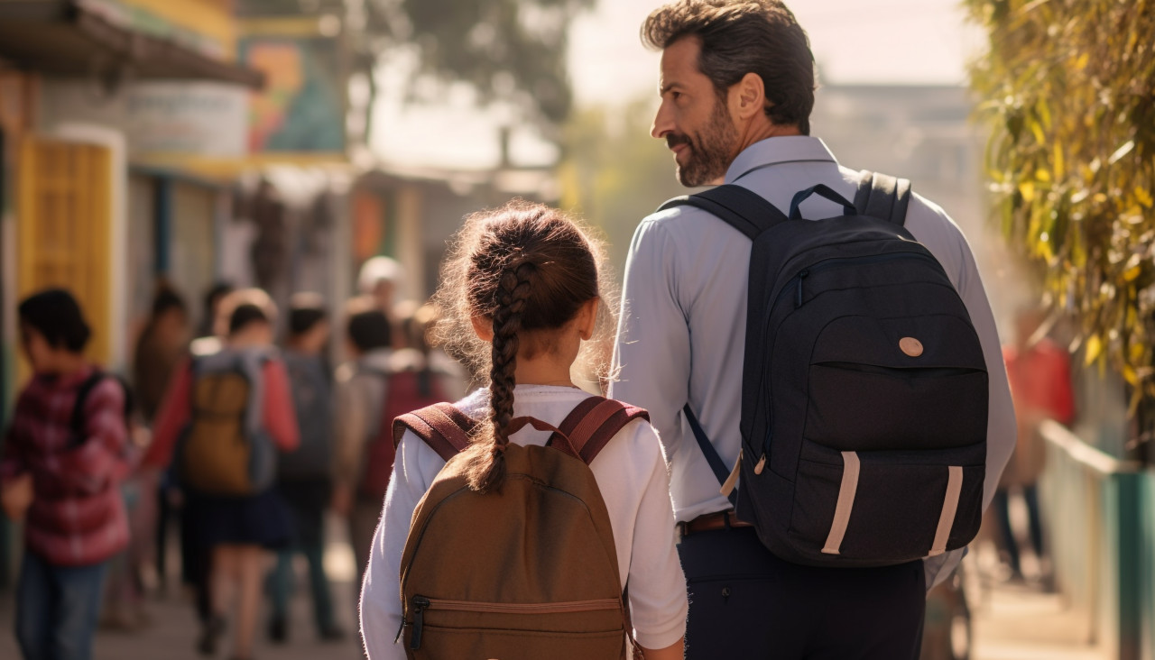 Dad walking daughter to school, back to school stock images ai, back to school stock illustrations ai, back to school ai prompts