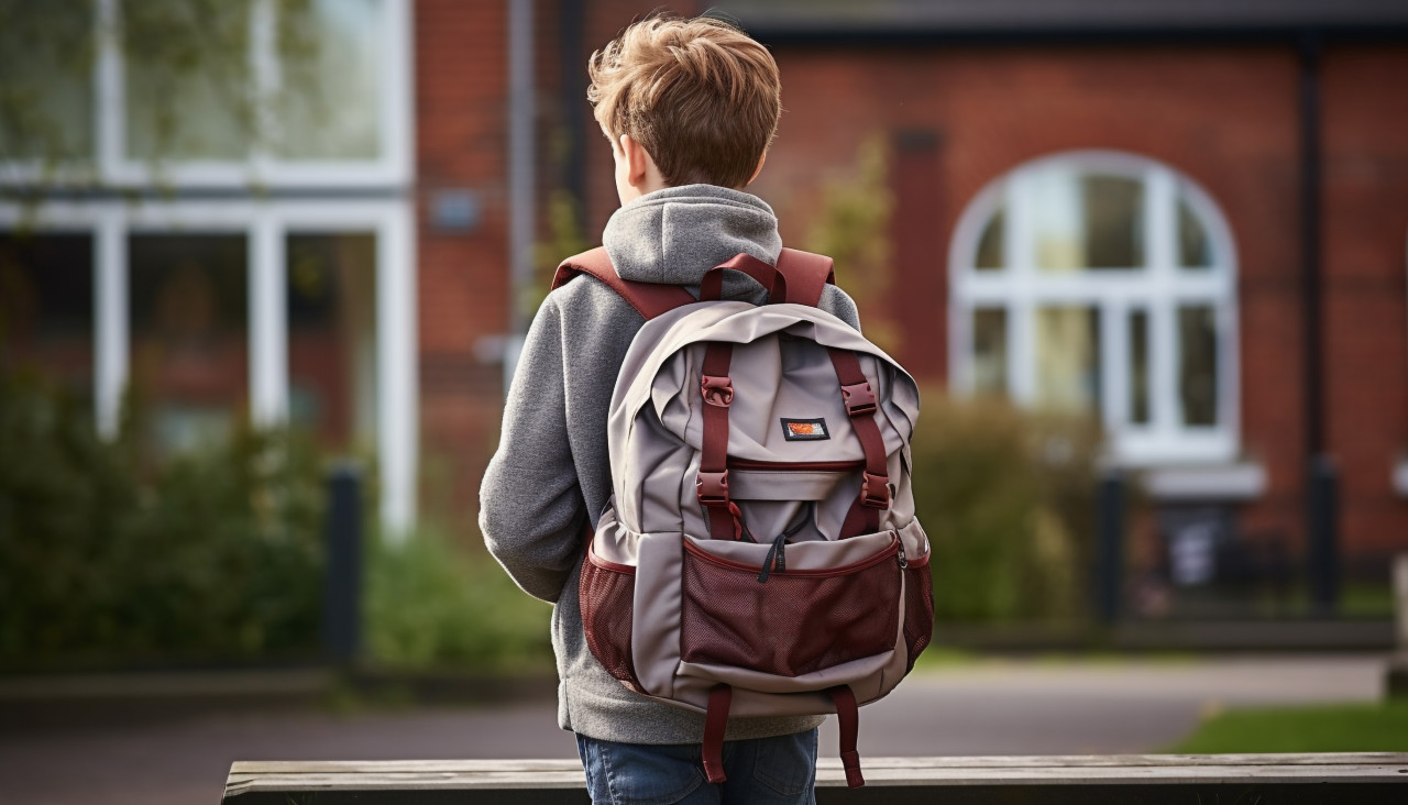 Young boy walking to school, back to school stock images ai, back to school stock illustrations ai, back to school ai prompts
